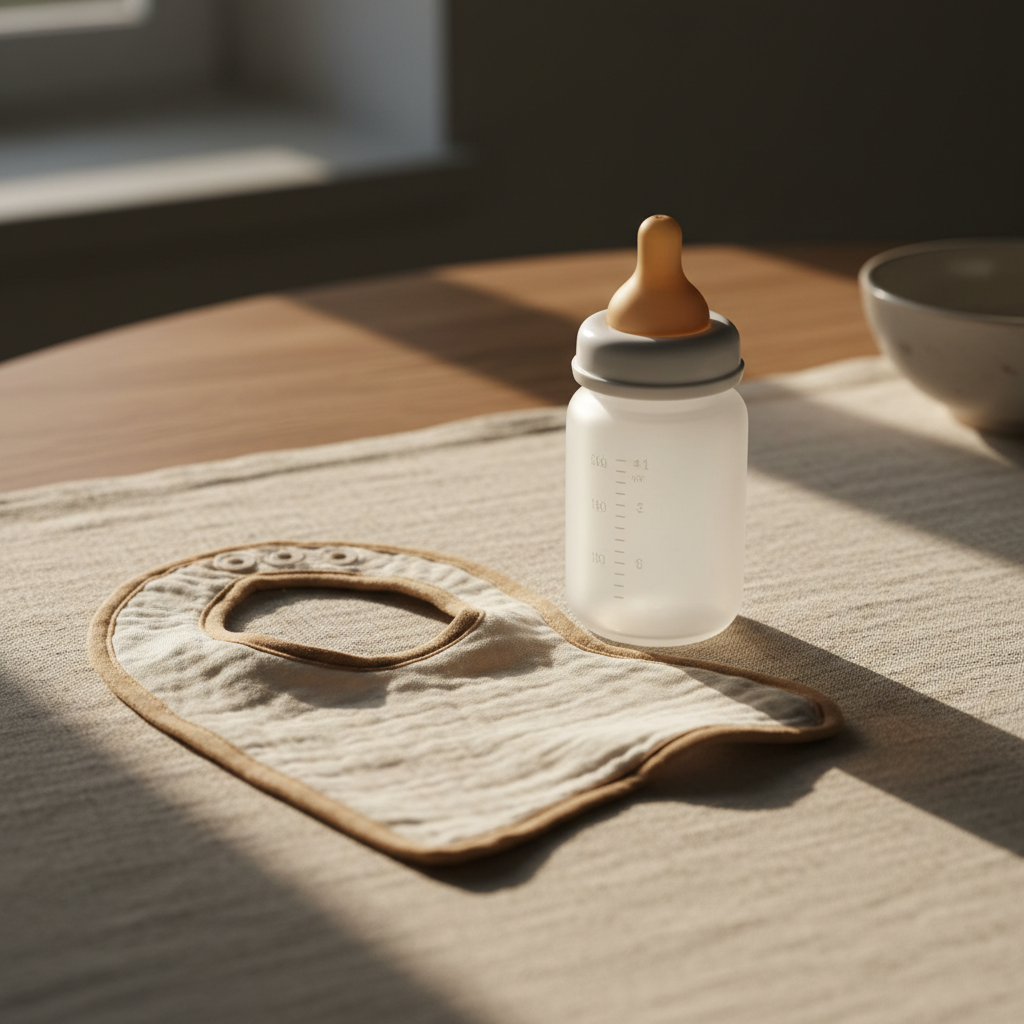 Warm minimal lifestyle photograph of baby feeding items - a bottle and soft bib on a linen surface.