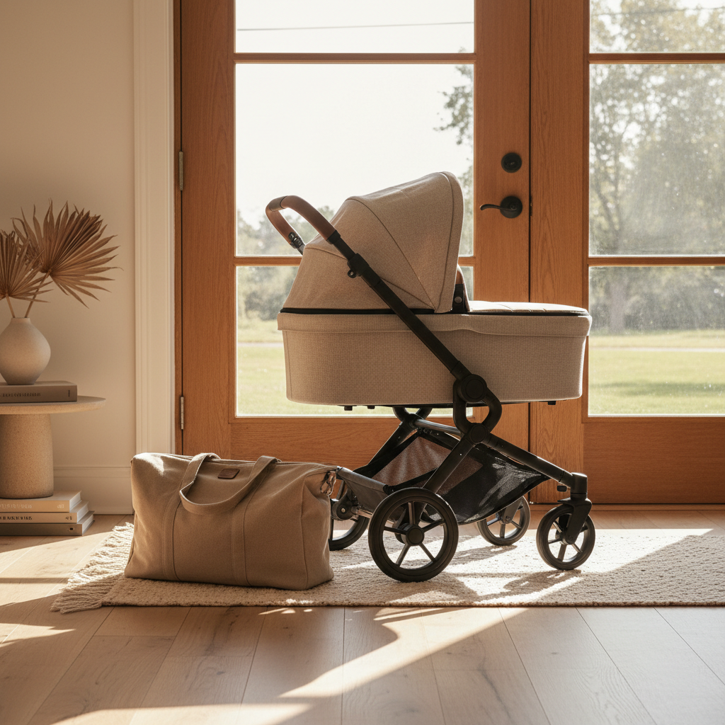 Warm lifestyle photograph of a modern baby stroller and travel bag by a sunlit doorway.