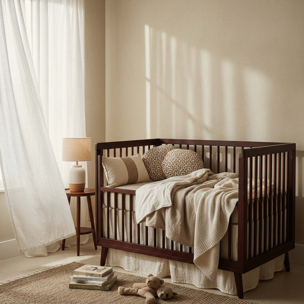 Warm cozy photograph of a baby nursery sleep corner with a crib and soft neutral linen bedding.